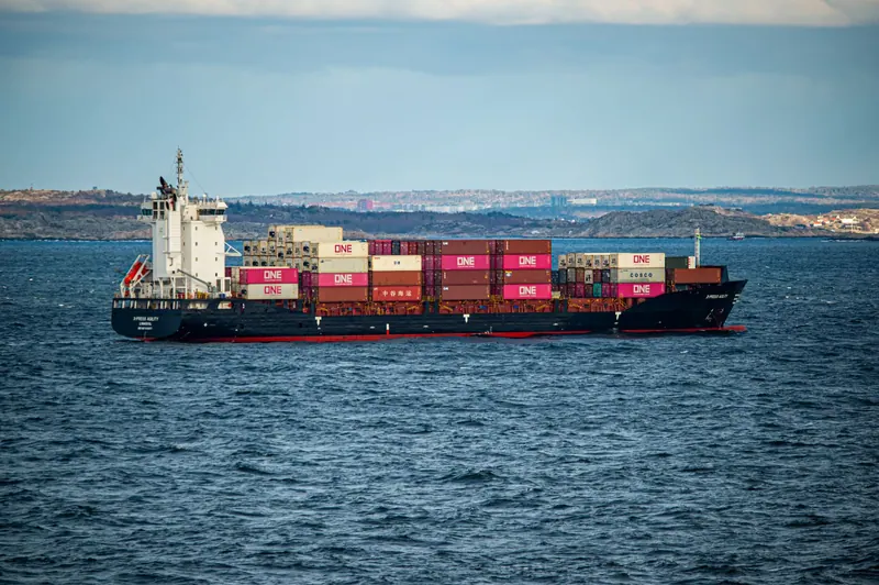 A large container ship transports cargo across the open sea