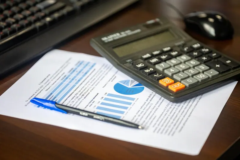 Calculator, pen and financial report on a desk
