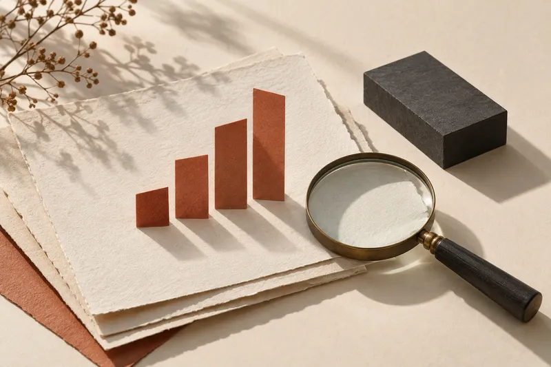 Magnifying glass and terracotta paper bars arranged on layered ivory sheets